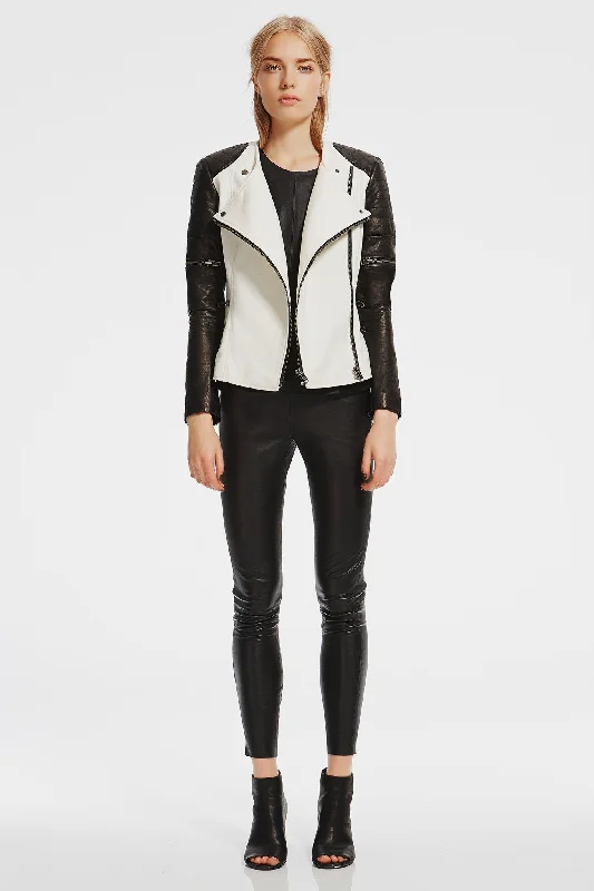 Greenwich St Motor Jacket in Chalk White Wool & Black Leather Denim Fabric Leather Fabric Suede Fabric