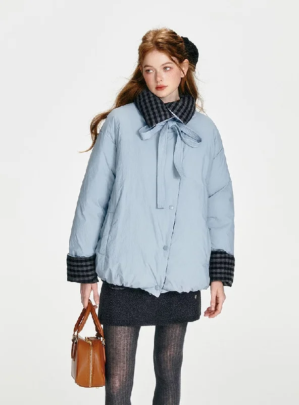 Haze Blue Retro Plaid Double-sided Splicing Down Jacket BOH0095 Quilted Jacket Puffer Jacket Insulated Jacket