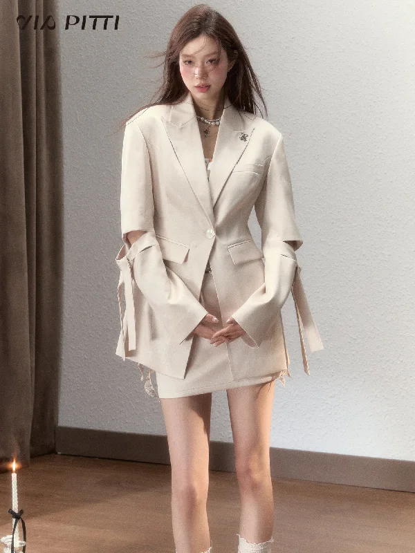 Sleeve cut design long suit jacket & double ribbon mini skirt VIA0060 Embroidered Jacket Appliqued Jacket Beaded Jacket