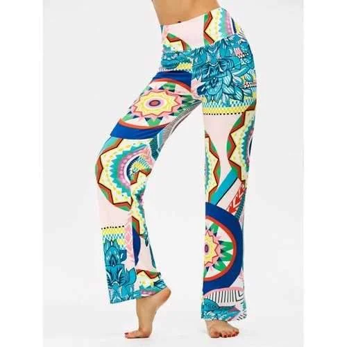 High Waisted Colorful Print Boho Pants - L Casual Wide Pants