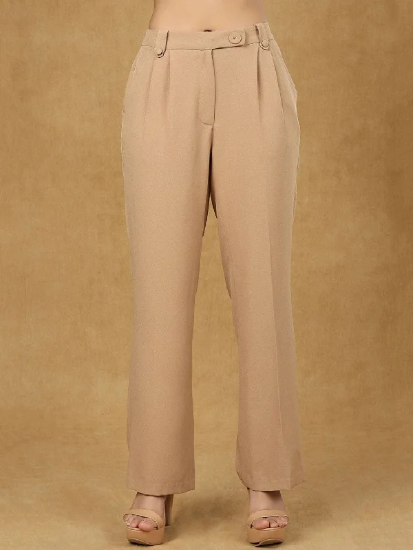 Beige High Waist Pleated Trouser Trousers Running Lightweight