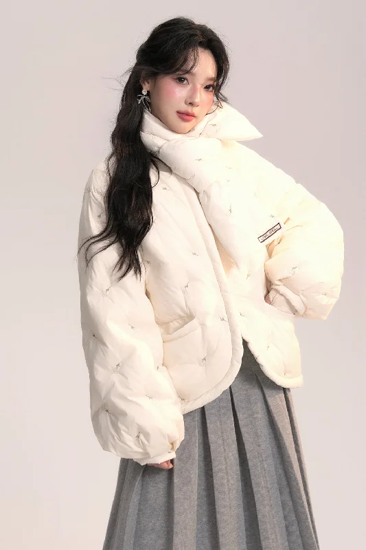 Floral Straight White Down Jacket AOO0042 Ribbed Jacket Pleated Jacket Ruffled Jacket