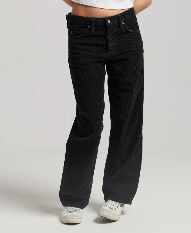 Mid Rise Wide Leg Cord Pants | Black Stylish Casual Pants