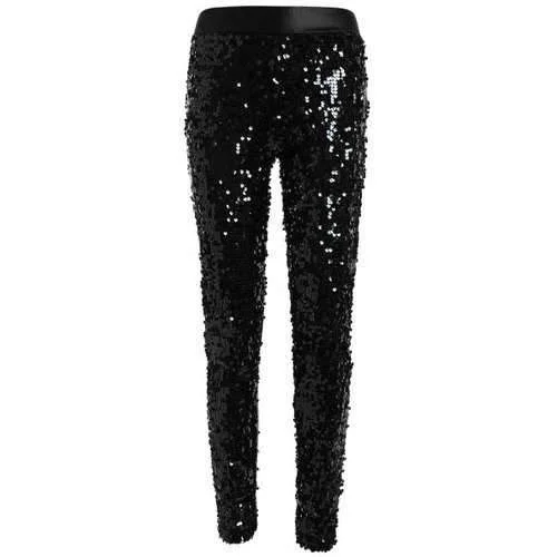 Faux Lether Sequins Glitter Pencil Pants - Black One Size Cozy Knit Pants