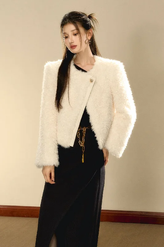 Eco-friendly Fur Asymmetrical Warm Iimitation Lambswool Short Jacket OSH0095 Zip Front Button Front Snap Front