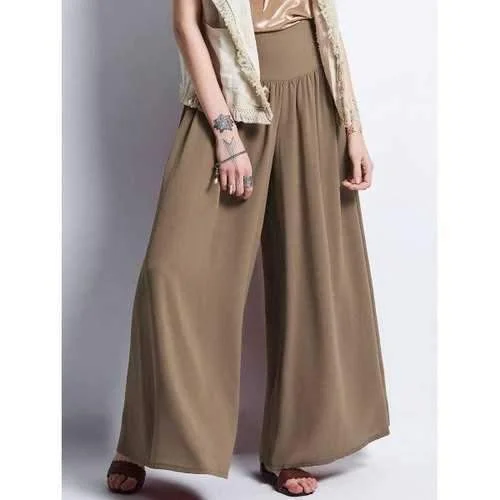 Wide Elastic Waistband Chiffon Palazzo Pants - Khaki M Trendy Printed Leggings