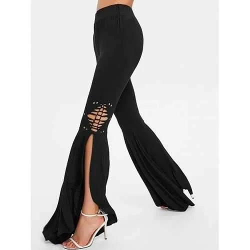 High Waist Ripped Bell Bottom Pants - Black M Casual Lounge Pants