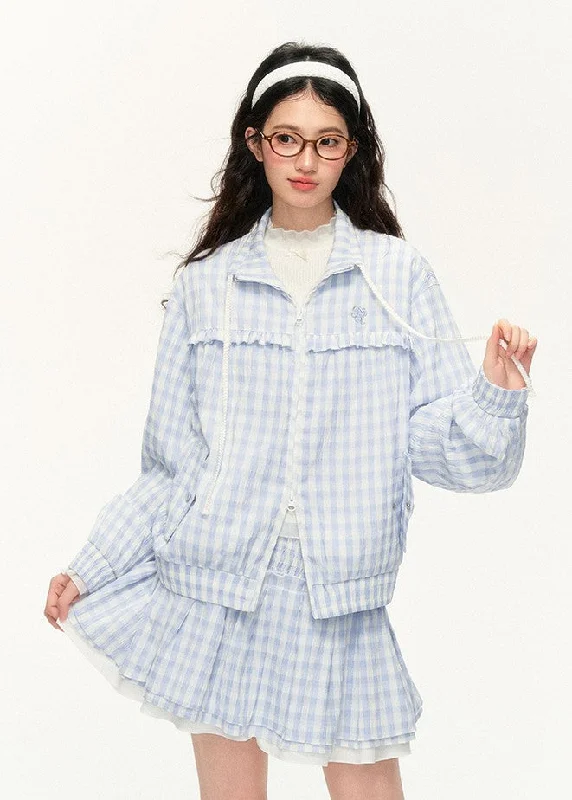 Plaid Embroidery Jacket/Multi-layer Lace A-line Skirt NTO0122 Welt Pockets Slit Pockets Flap Pockets