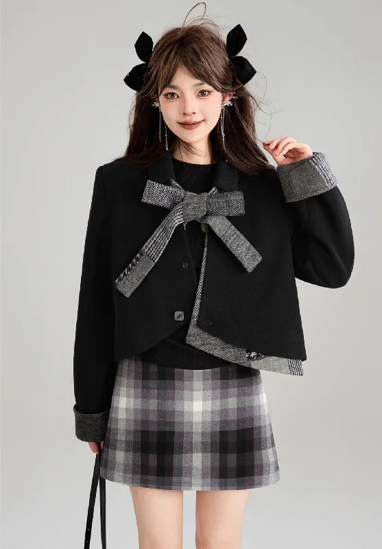 Bow Tie Short Jacket/Black Slit Long Skirt/Plaid Short Skirt KEI0184 Fleece Jacket Down Jacket Feather Jacket