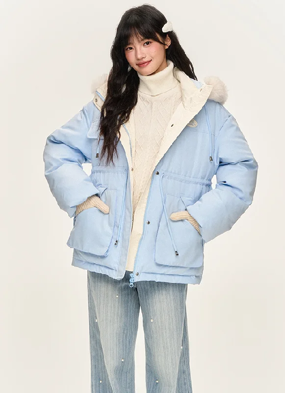 Big Fur Hood Waist Drawstring Warm Jacket NTO0157 Anorak Shell Jacket Lightweight Jacket