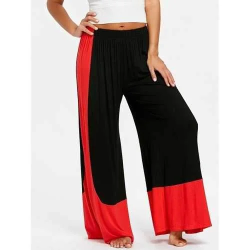 High Rise Color Block Wide Leg Pants - Black M Comfortable Wide-Leg Pants