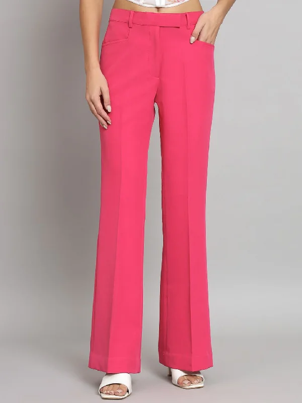 Mid Waist Bell Bottom Stretch Trouser - Hot Pink Trousers Fall Fleece