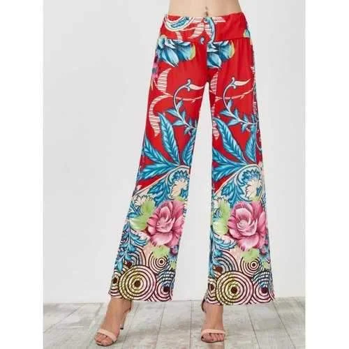 Elastic Waist Wide Leg High Waisted Pants - Blue And Red S Fashionable Tapered Leg Pants