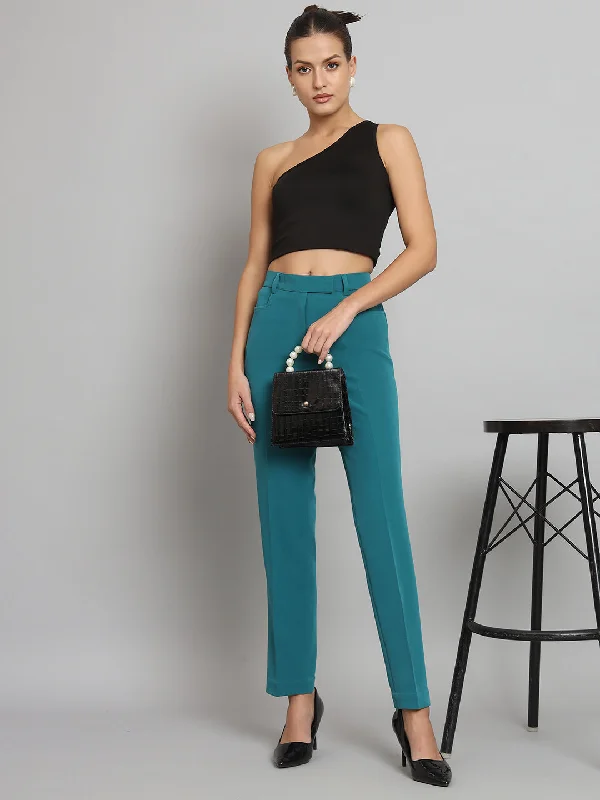 Regular Fit Mid Waist Trouser- Teal Green Trousers Spring Floral