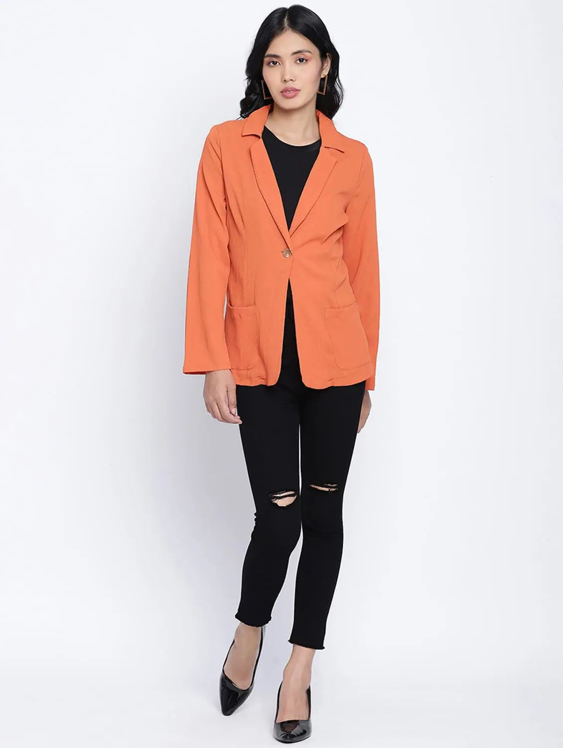 Rara Solid Orange Women Blazer Jacket Knit Fabric Woven Fabric Fleece Fabric