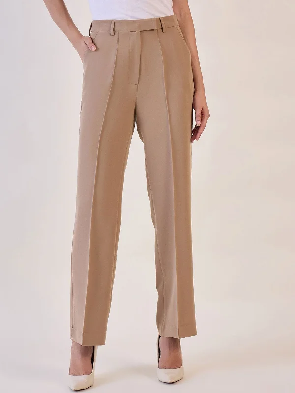 Brown Straight Fit High Waist Pin Tuck Trouser Trousers Hiking Durable