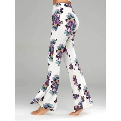 Casual Floral Print Flare Pants - White M Chic Black Leggings