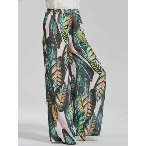 Trapical Leaf Print Wide Leg Exumas Pants - Green M Comfy High-Waist Jeans