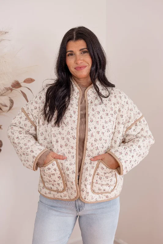 Winter Florals Cream Quilted Jacket Cardigan Sweater Pullover