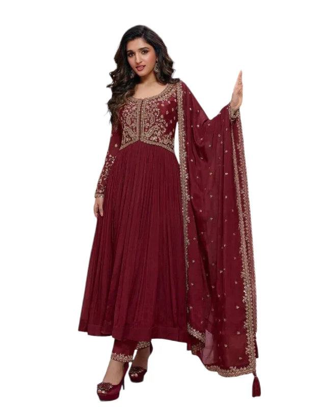 Chiffon - Maroon Anarakali  Long Dress with Trousers - Size 10 (Bust 36") - Inside Margin to let out ( 3 to 4")VF66576 TY 1024 Trousers Prom Sequined