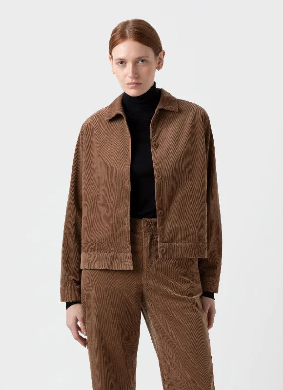 Women's Corduroy Boxy Jacket in Dark Camel Notch Collar Jacket Peter Pan Collar Jacket Cowl Neck Jacket