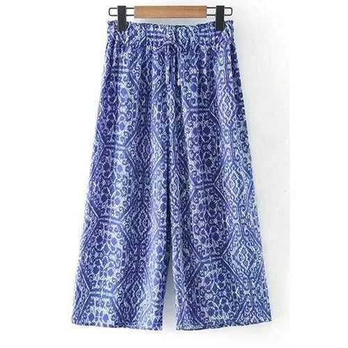 Trendy Elastic Waist Printed Wide Leg Pants For Women - Blue L Classic Straight Pants