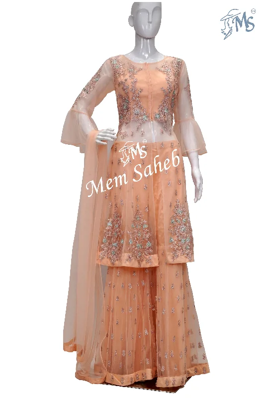 Indo Western Peach Bell Sleeves Embroidery Jacket and Gharara Pant Cotton Fabric Linen Fabric Terry Fabric