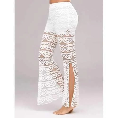 Side Slit See Thru Lace Pants - White L Formal Linen Trousers