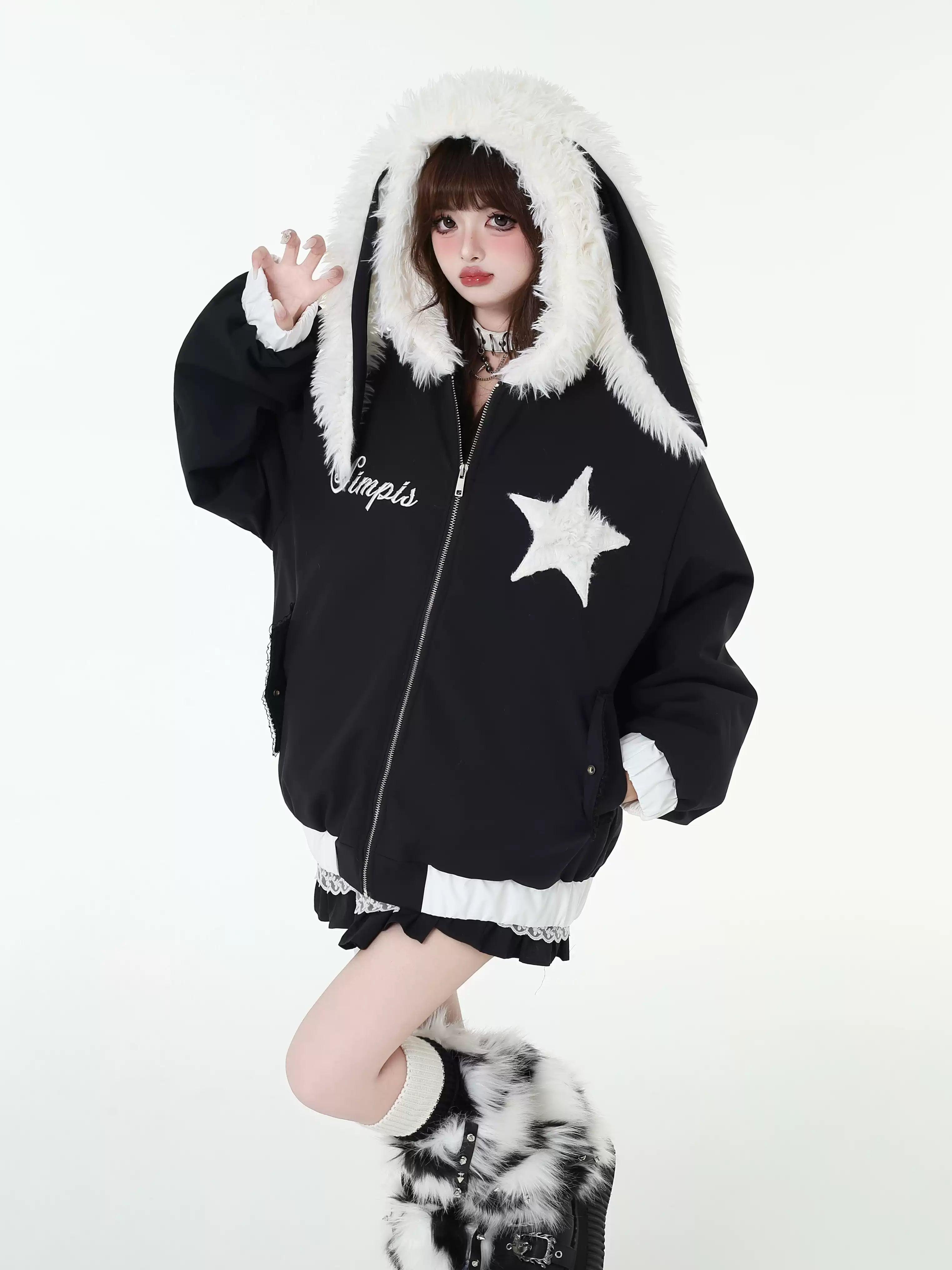 Star Design Loose Zip Monotone Jacket with Rabbit Ears Hood CRA0097 Notch Collar Peter Pan Collar Cowl Neck