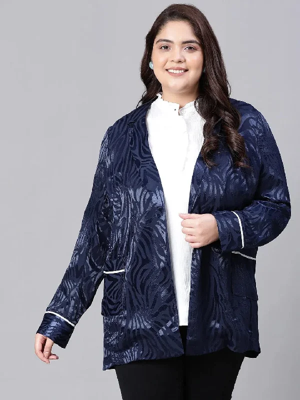 Bright Dark Blue Open-Regular Collar Floral Print Plus Size Blazer Jacket-W23277PBZ001 Denim Jacket Leather Jacket Suede Jacket