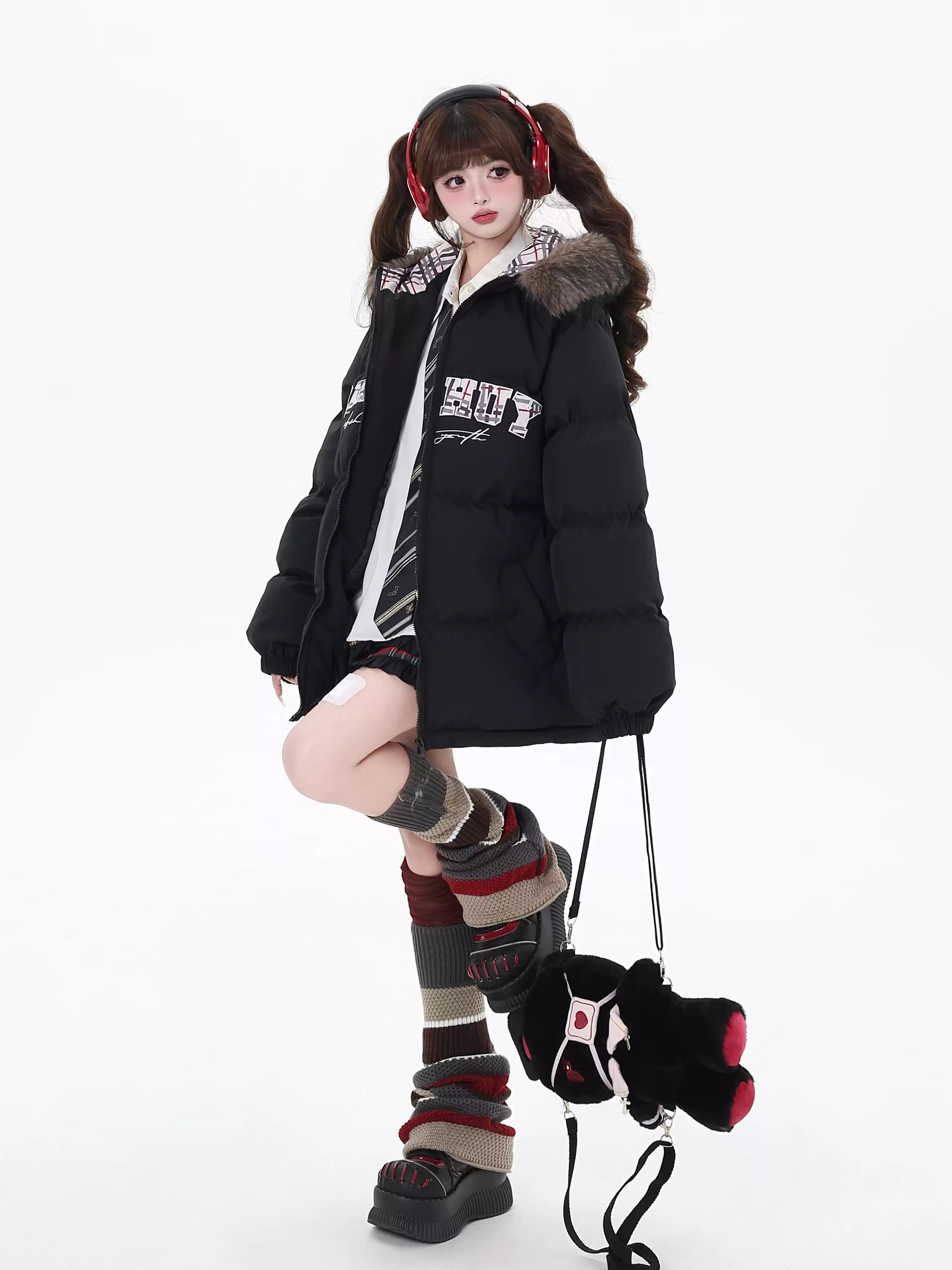 Letter Print Fur Hooded Loose Down Jacket CRA0085 Snapped Jacket Toggled Jacket Drawstring Jacket