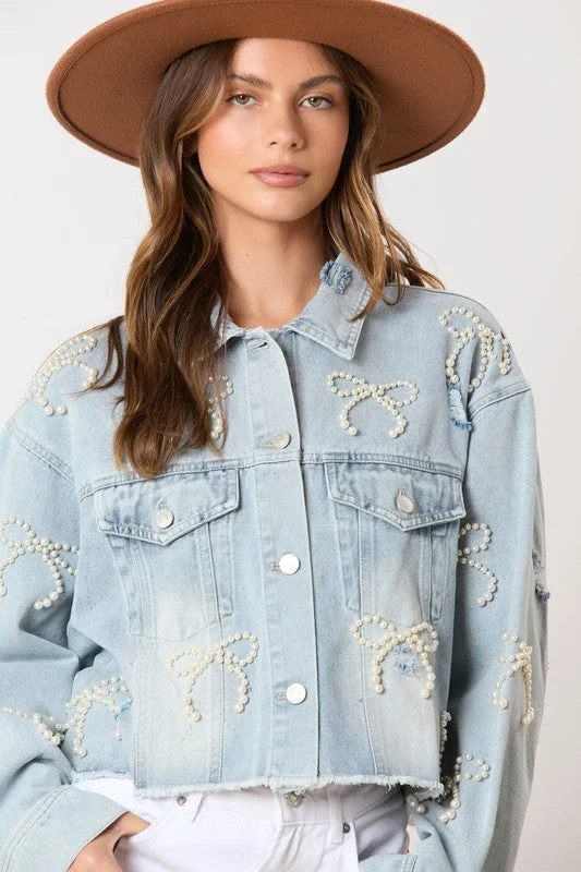 Embellished Bows Blue Denim Jacket Front Pockets Side Pockets Patch Pockets