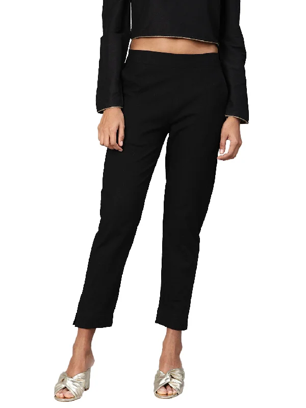 Women Black Straight Fit Solid Regular Trousers Trousers sophisticated sleek