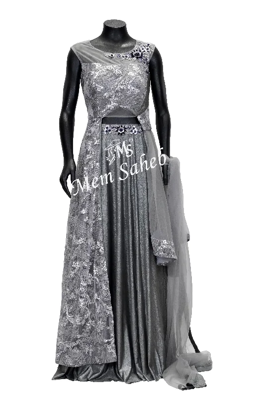 Crop Skirt Silver Designer Long Jacket Blouse and Lycra Umbrella Skirt Chenille Fabric Brocade Fabric Lace Fabric