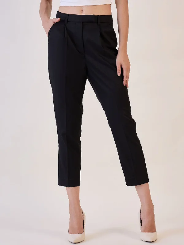 Black Pleated High Waist Above Ankle length Trouser Trousers Office Stylish