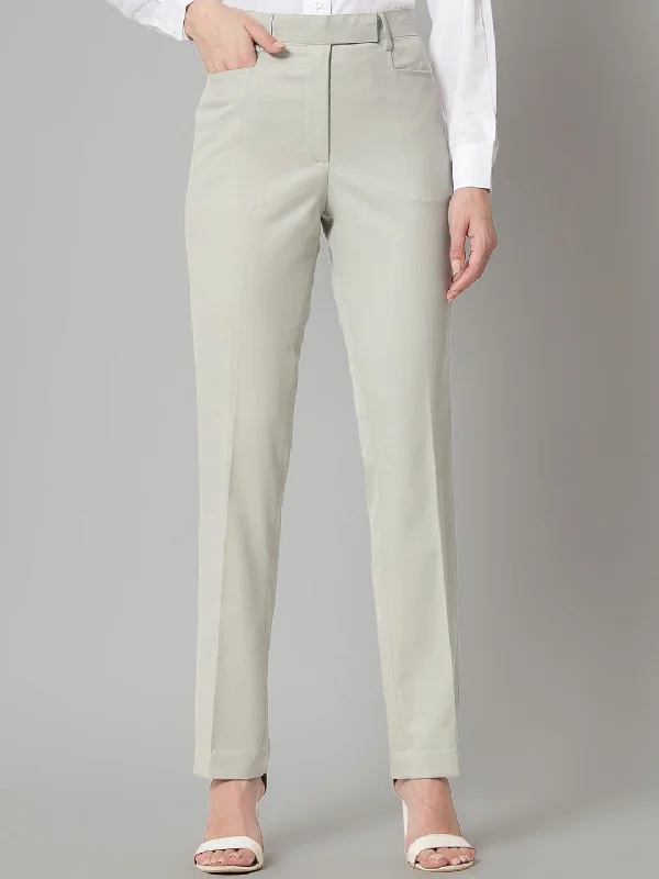 Slim Fit Poly Cotton Mid Waist Formal Trouser - Sage Green Trousers Sale Discount