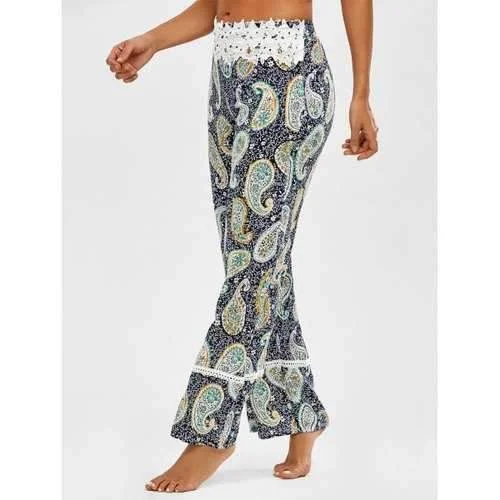 Paisley Print Lace Insert Straight Pants - M Elegant High-Waist Pants