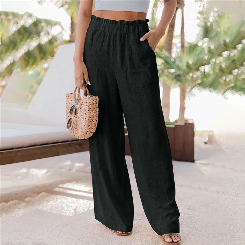 Ruffled Patch Pocket Mid Waist Wide Leg Pants (6 colors) Comfortable Jogger Trousers