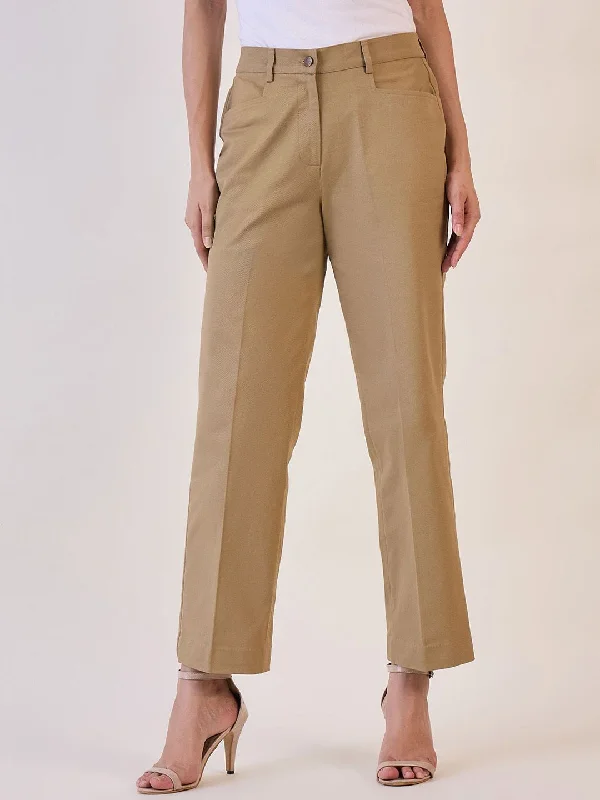 Straight Fit Mid Waist  Trouser - Camel Brown Trousers Wedding White