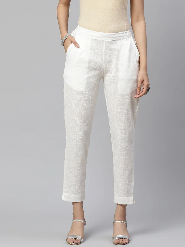 Women Off-White Comfort Regular Fit Solid Cotton Cigarette Trousers Trousers fashionable trendy