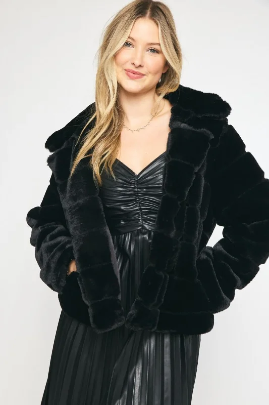 Arctic Glamour Black Fur Jacket Boat Neck Shawl Collar Notched Collar