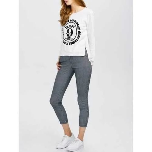 Long Sleeve Graphic Tee With Stripe Pants - White L Cozy Jogger Leggings