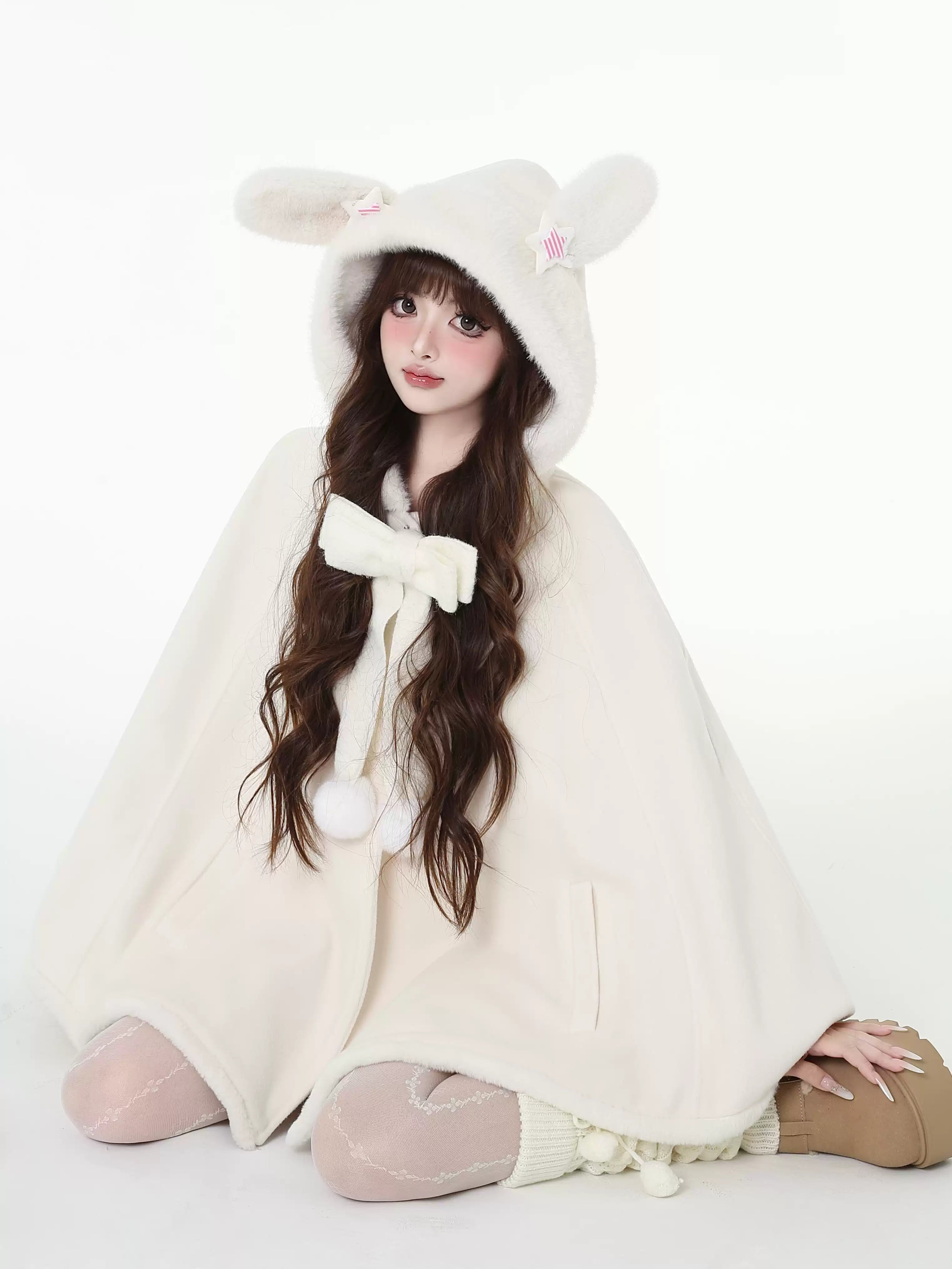 Big Ribbon Cloak Jacket with Rabbit Ear Hood CRA0100 Oversized Jacket Tailored Jacket Straight Jacket