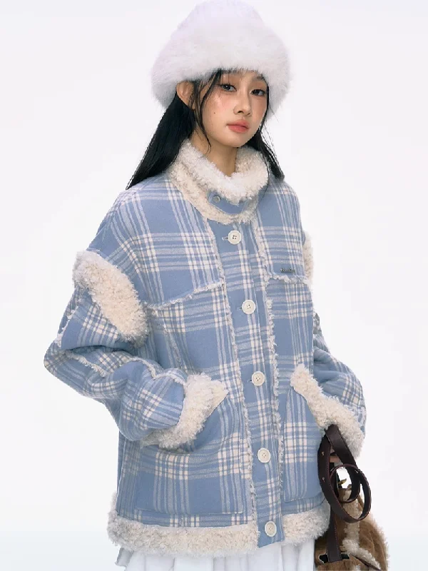 Fur Collar Blue Plaid Jacket PUN0035 Striped Jacket Polka Dot Jacket Floral Jacket