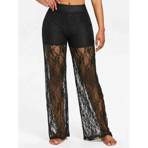 Floral Lace Wide Leg Pants - Black M Comfy Cargo Trousers