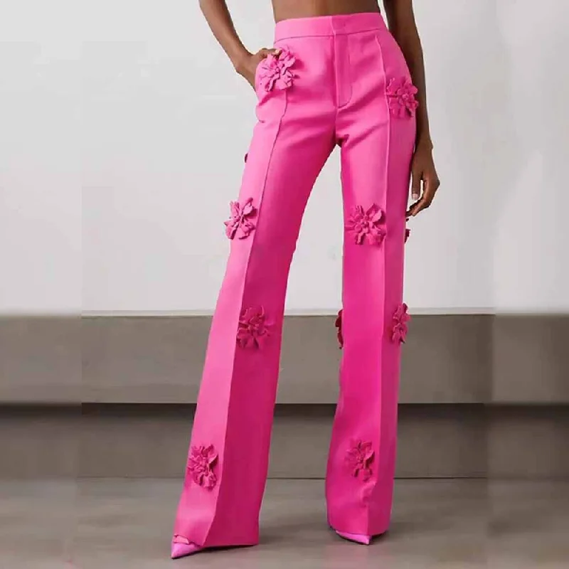 Women Crepe Couture Applique Pants Flared Trousers Trousers Yoga Stretchy