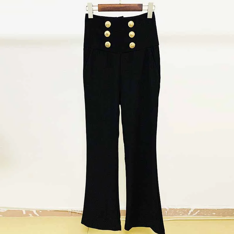 Women Hight Waisted Formal Pants Gold-tone Buttons Flare Trousers Trousers Canvas Durable