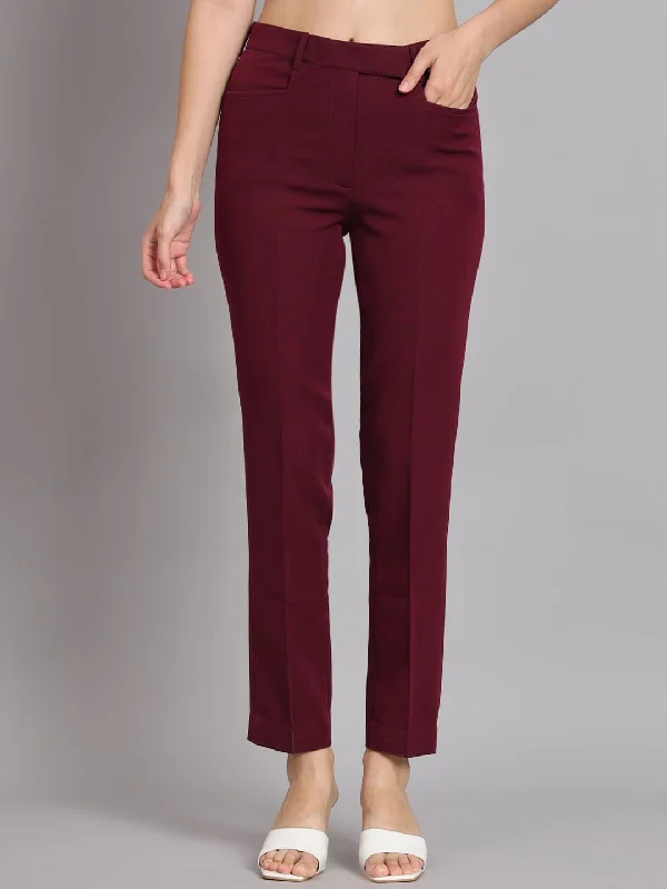 Regular Fit Mid Waist Trouser - Maroon Trousers Brand Named