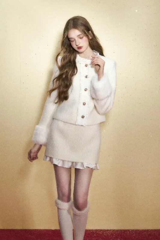 Beige Wool Small Fragrance Jacket/Skirt REC0028 Front Pockets Side Pockets Patch Pockets