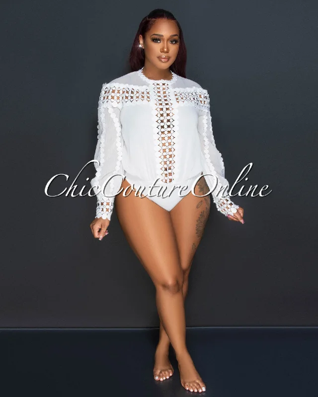 Amanda Off-White Shimmer Crochet Details Bodysuit Trendy Transparent Bodysuit